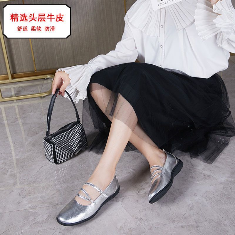 女鞋舒适平底鞋玛丽单鞋气质圆方头新款浅口法式女士银色低跟皮鞋