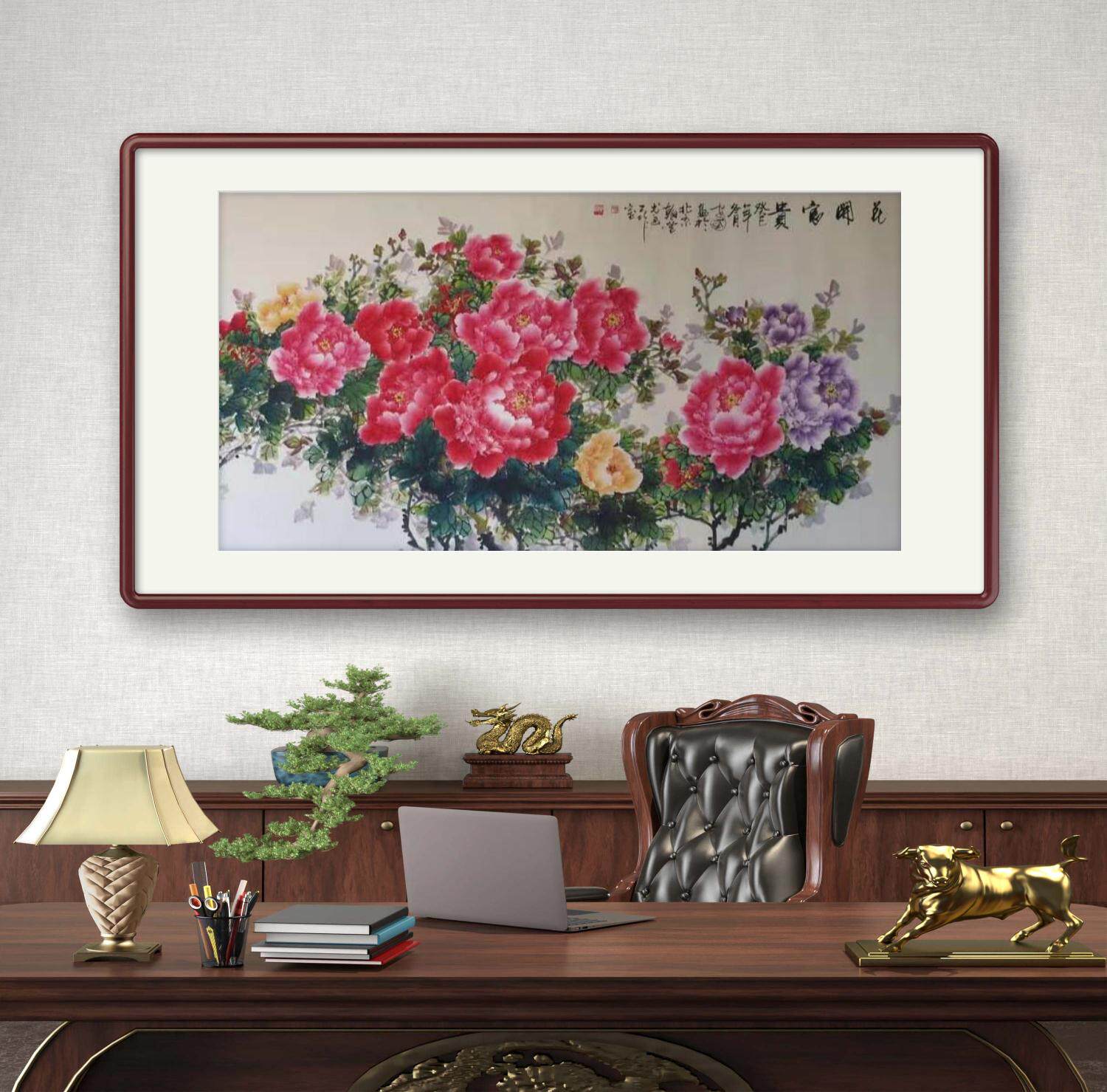 纯手绘牡丹客厅新中式挂画花开富贵中堂国画沙发背景墙装饰画横幅