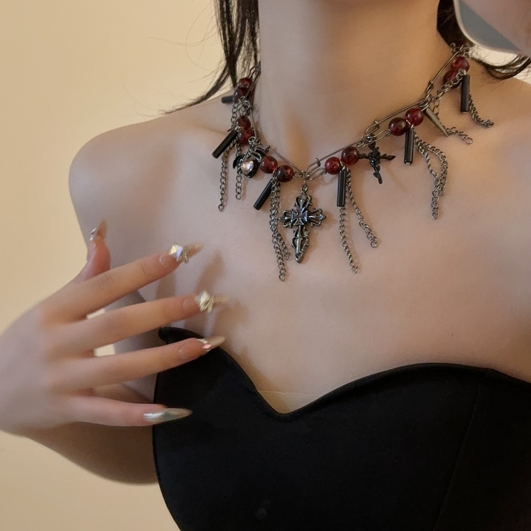 哥特辣妹风串珠十字架流苏项链女甜酷颈链chocker锁骨链亚比配饰