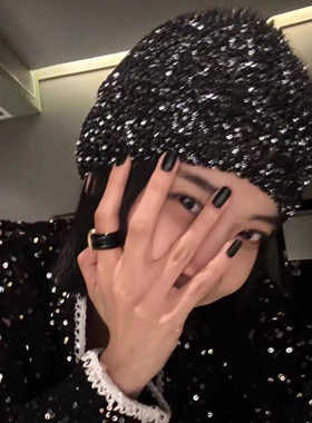 韩国jennie同款黑色亮片帽子针织帽女ins冷帽大头围显脸小包头帽