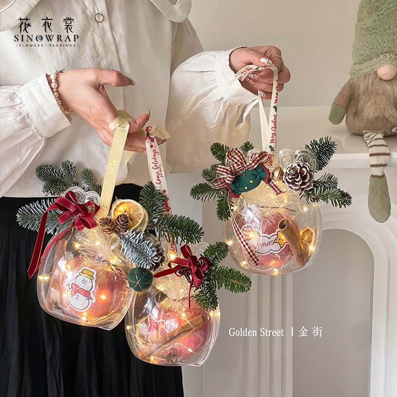 花衣裳  圣诞麋鹿透明苹果盒平安夜礼物花艺手捧礼盒透明波波球