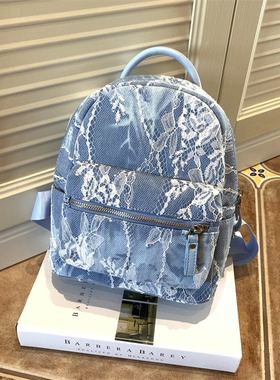 蕾丝刺绣牛仔双肩包 26新款浅蓝色可爱休闲甜美小背包淑女包包