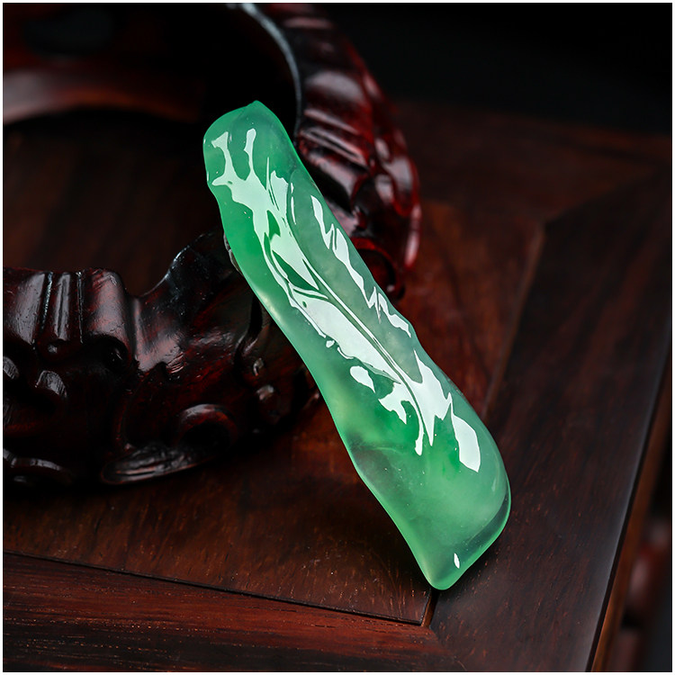 羊子珠宝 晚凝清翠拂平沙  老坑冰种阳绿随形翡翠福叶吊坠挂件F