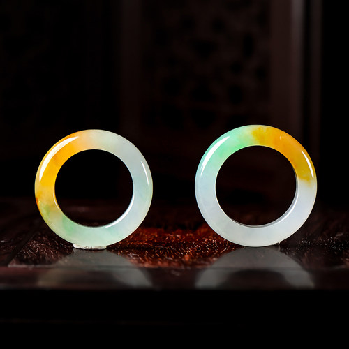 羊子珠宝 日月同辉 老坑种黄加绿三彩天然翡翠指环 单出12.11