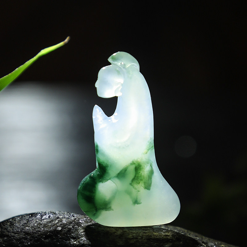 7.3羊子珠宝 消日清虚 冰种飘绿花 苏工雕刻悟道佛吊坠 挂件