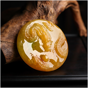 羊子珠宝 龙图腾 大气磅礴精雕明媚满色黄翡翡翠龙牌挂件吊坠GH