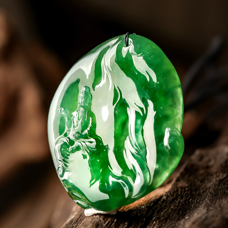 羊子珠宝 净莲  老坑高冰种起胶辣绿莲花自在观音翡翠挂件F