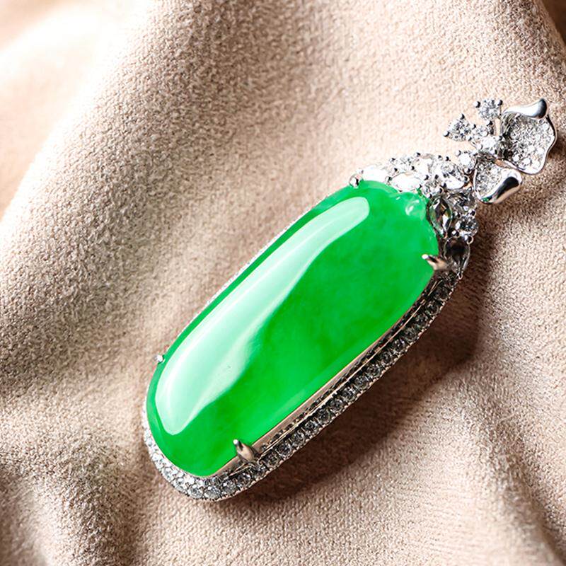 羊子珠宝  碧彻云鬓 老坑冰种细腻满绿18K金镶嵌翡翠福瓜吊坠11.3