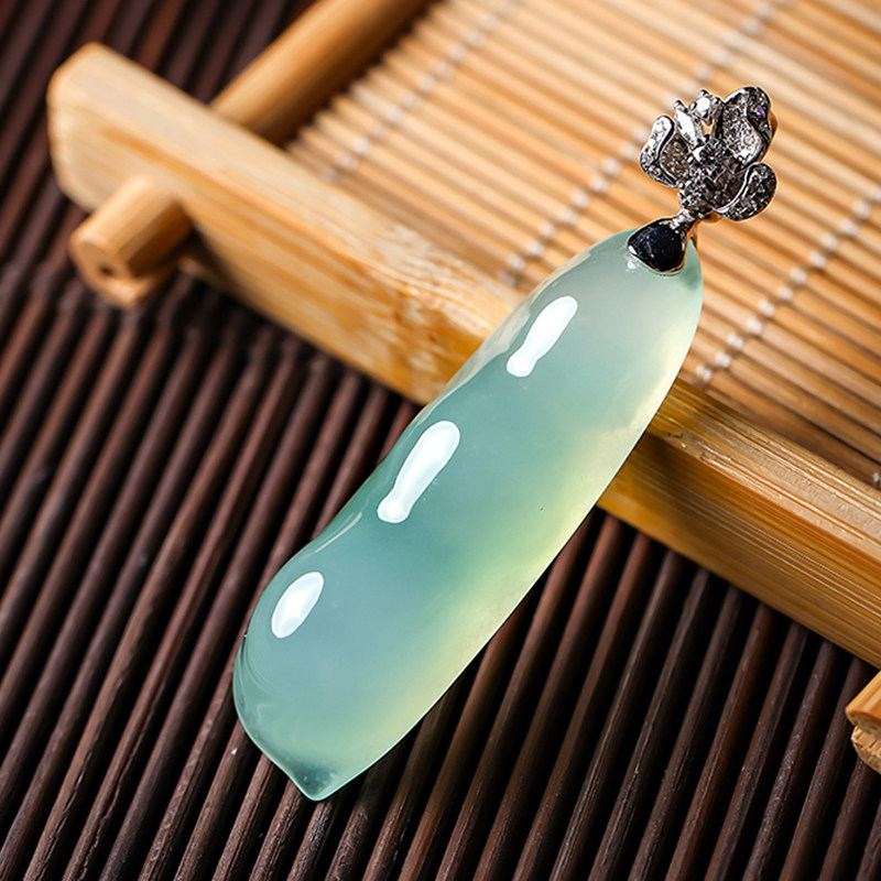 羊子珠宝  福禄寿全 老坑冰种起胶湖蓝18K金镶嵌翡翠福豆挂件G