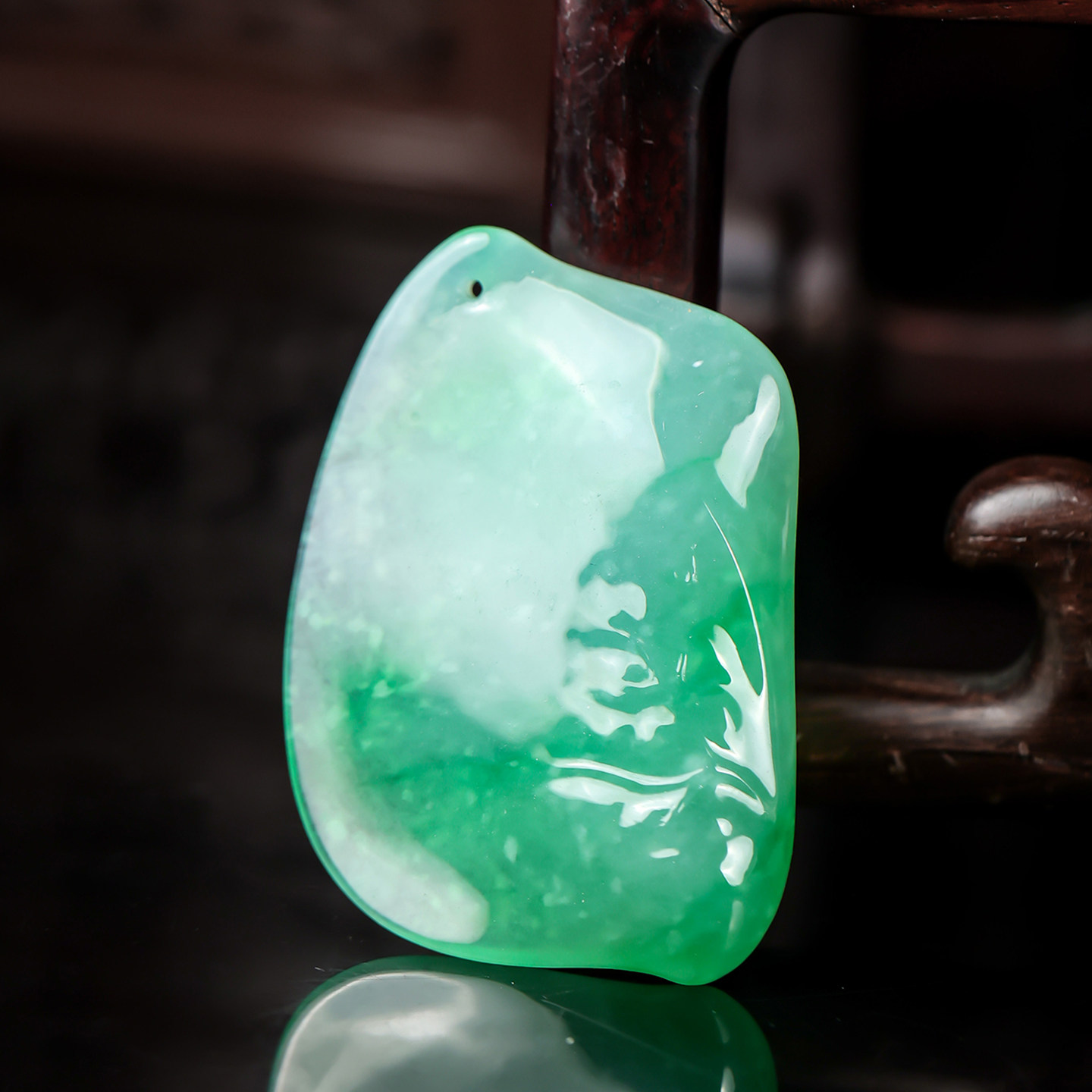 羊子珠宝 叶脉 老坑冰种飘绿天然冰润翡翠随形吊坠