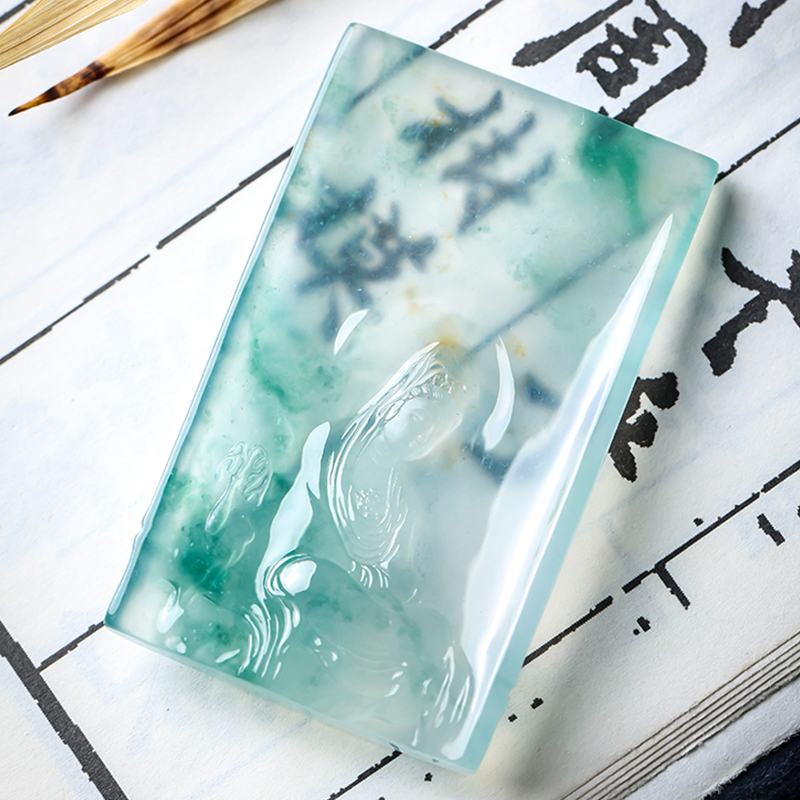 羊子珠宝 灵华氤氲 老坑高冰种飘绿花净瓶水月观音翡翠无事牌6.3