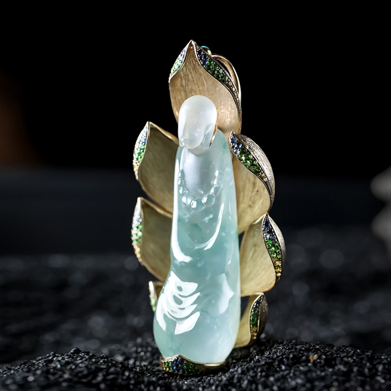 羊子珠宝 一境禅天 老坑高冰带色底18K镶立体雕翡翠悟道挂件11.7