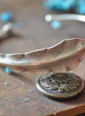 泰国清迈进口手工纯银开口叶子手镯 银饰可调节镯子复古风