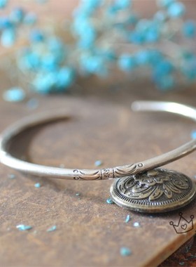 泰国清迈进口手工纯银开口刻花手镯 银饰开口可调节民族风镯子
