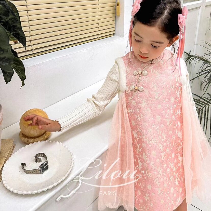 冬季女童新款粉色中国风旗袍网纱拼接加绒加棉连衣裙年服