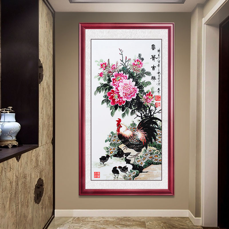 客厅装饰画大公鸡玄关挂画生肖画富贵吉祥鸡大吉国画丝绸画实木框