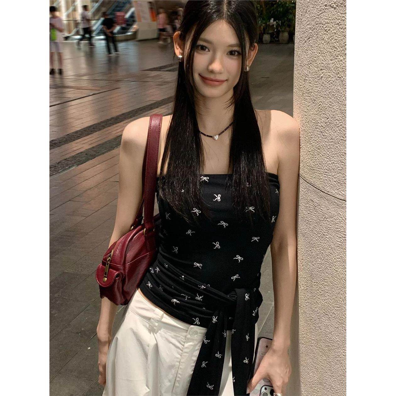 夏季新款蝴蝶结黑色满印绑带抹胸背心女修身辣妹内搭无袖小上衣潮