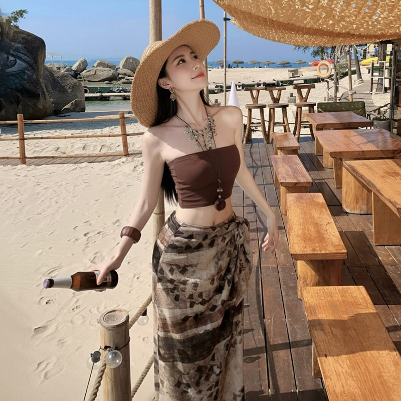 泰国海边度假旅游女夏抹胸上衣轧染开叉绑带不规则半身裙分体泳装