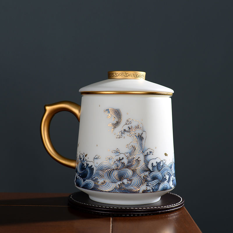 渡景山房羊脂玉白瓷办公杯非汝窑茶杯茶水分离陶瓷高档礼品盒对杯