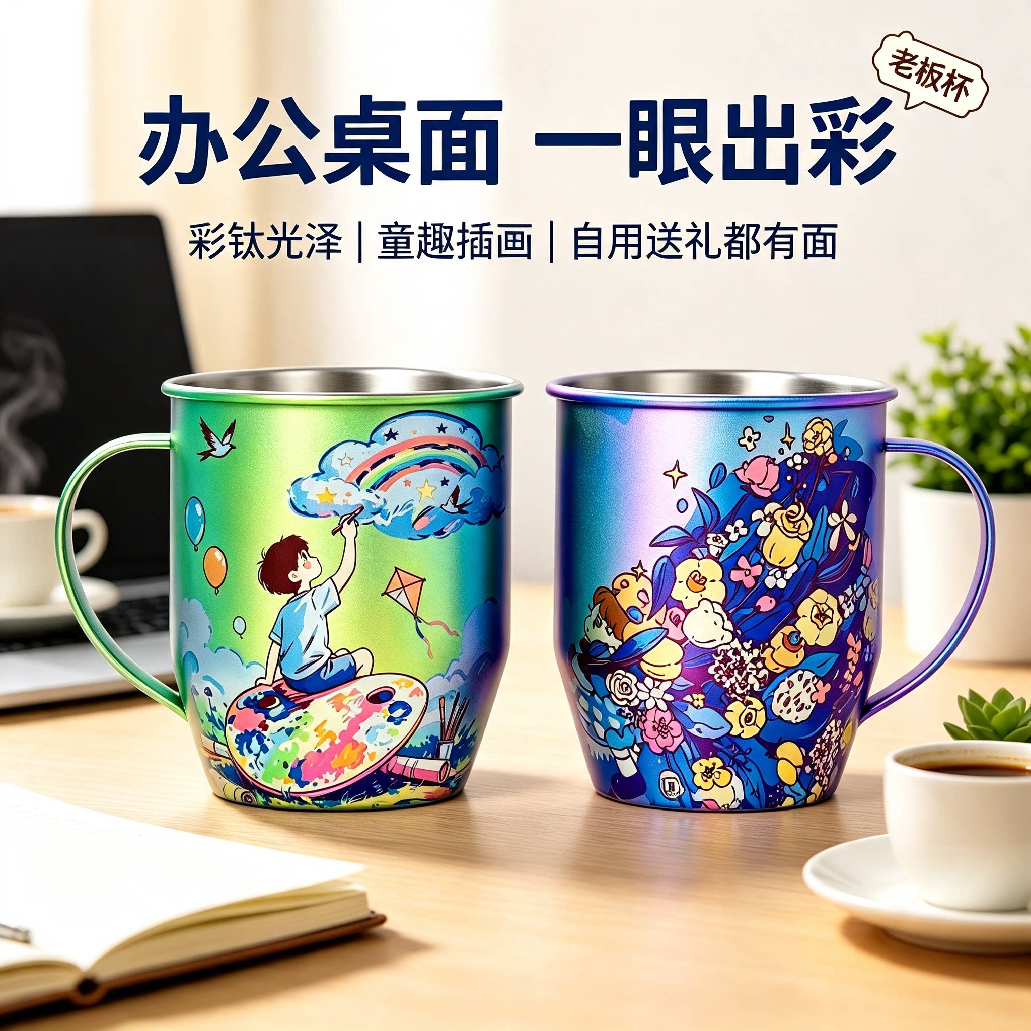 执彩彩钛纯钛马克杯办公杯老板杯单层结构高颜值无漆水杯健康杯