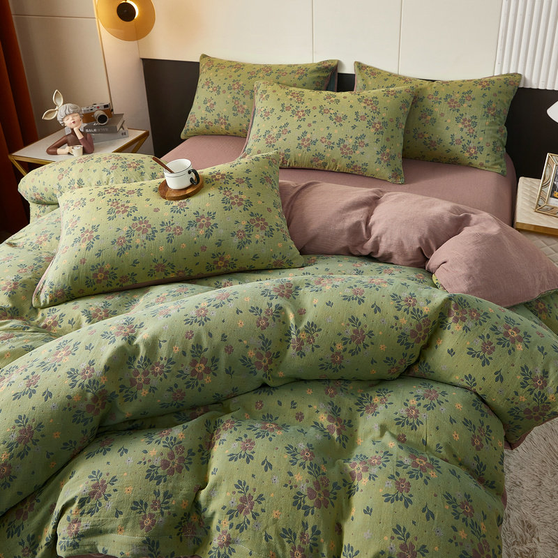 高端A类全棉双层纱绿色提花被套单件加厚纯棉翠绿咖啡色花朵被罩