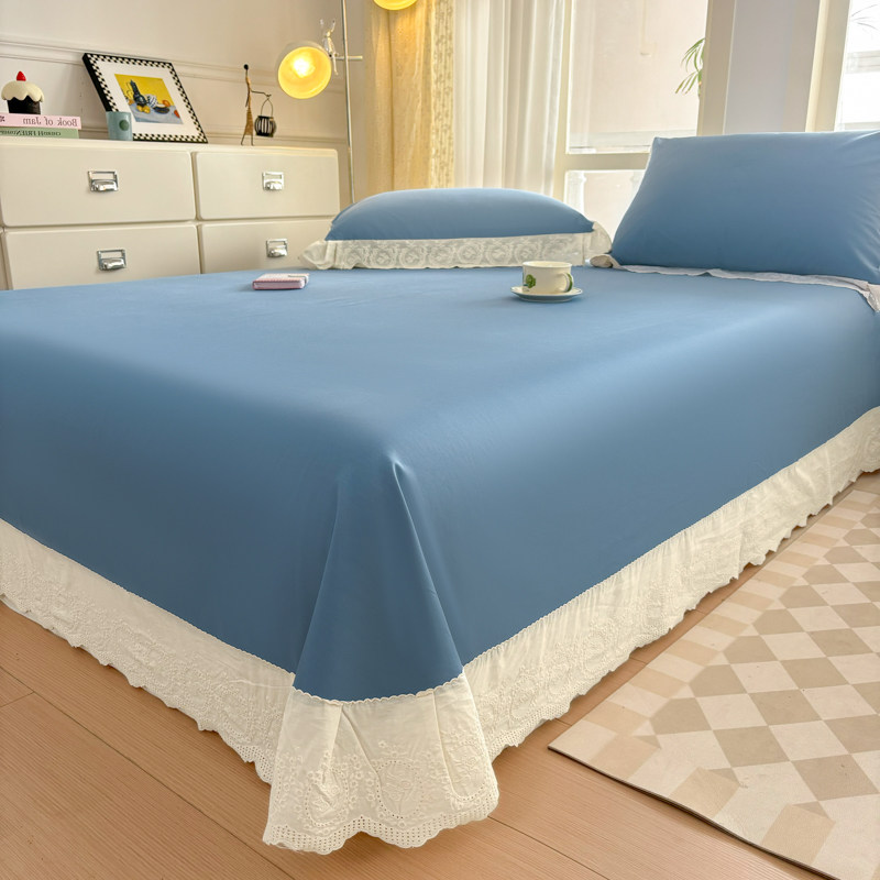 高端新疆长绒棉A类全棉法式蕾丝花边床单单件普鲁士蓝色纯棉纯色