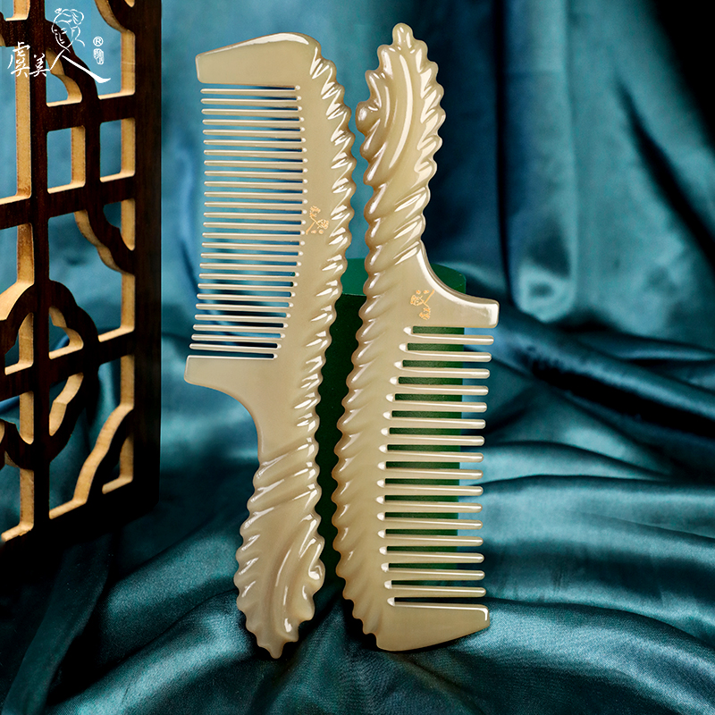 虞美人加厚牦牛角梳子女长发卷发天然正品宽齿雕花按摩头皮经络