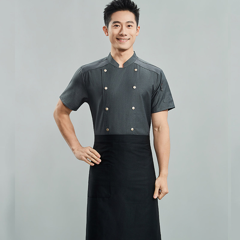 高端厨师工作服男短袖双排扣立领酒店餐厅厨房工装制服