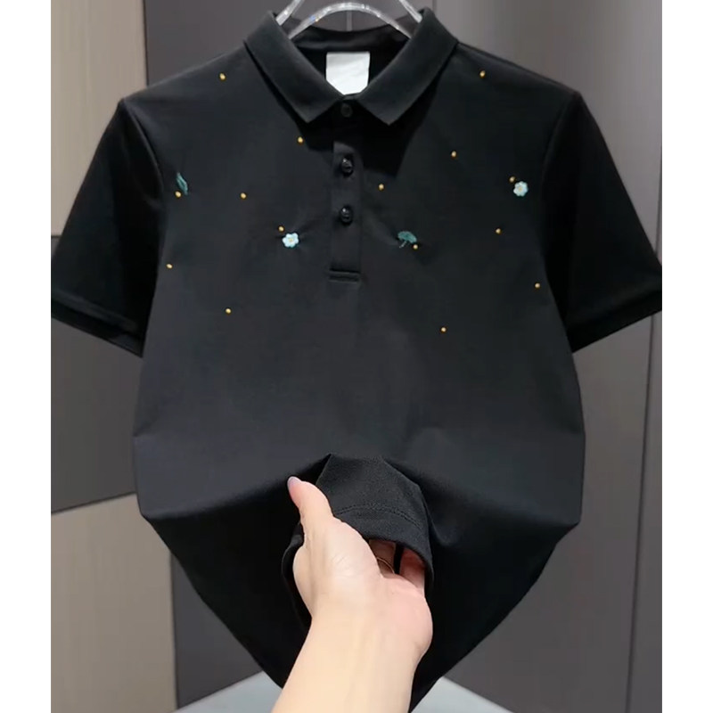 韩版修身短袖polo衫男款夏季碎花刺绣高级感男装t恤黑色上衣潮流