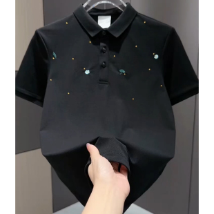 韩版修身短袖polo衫男款夏季碎花刺绣高级感男装t恤黑色上衣潮流