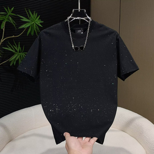 黑色满天星亮片短袖T恤男上衣圆领宽松时尚轻奢设计感体恤半袖潮