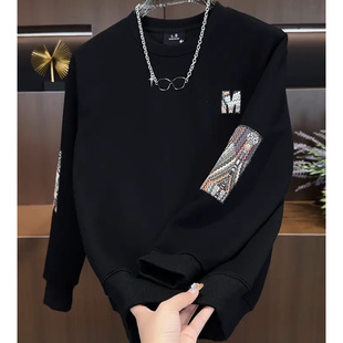 韩版休闲男装圆领卫衣设计感贴布时尚帅气秋冬季男生加绒上衣长袖