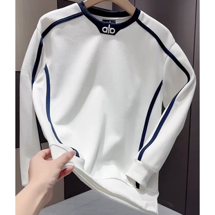 韩版男士拼色加绒加厚卫衣休闲帅气条纹欧货潮牌上衣男款潮流打底