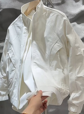 美式潮牌工装立领外套男款春秋季时尚潮流白色百搭韩版男装夹克潮