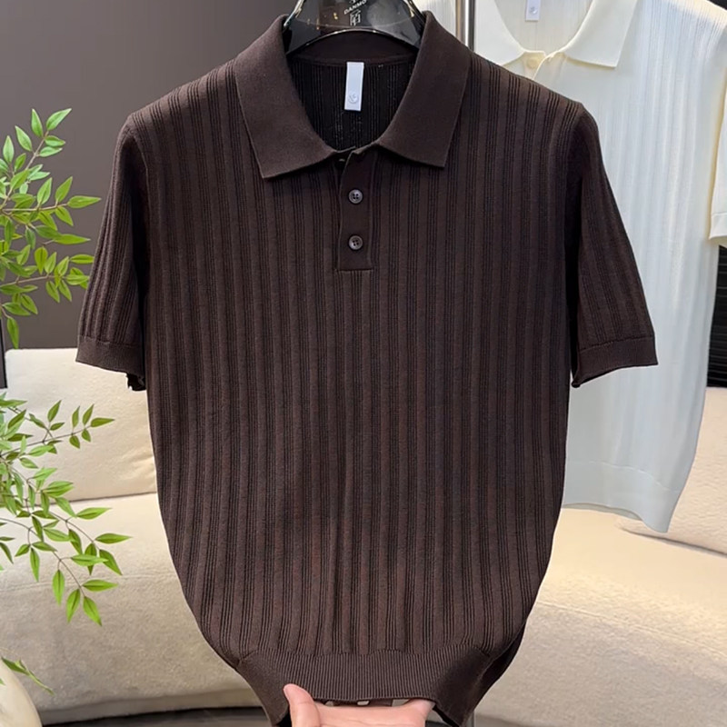 老钱风竖纹条纹针织polo衫男图片