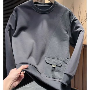 轻奢男装潮牌拼接设计加绒卫衣男款韩版帅气口袋撞色宽松保暖长袖