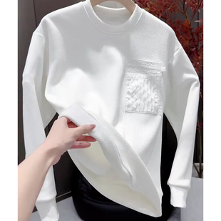 秋冬季简约设计感拼接加绒卫衣男款白色时尚百搭潮牌上衣轻奢潮流