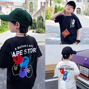 中小童日系潮牌短袖T恤衫2024夏季新款男童猿猴印花圆领宽松上衣