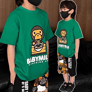 夏季男童卡通猿猴吃拉面印花短袖T恤中小童韩版半袖洋气上衣童装