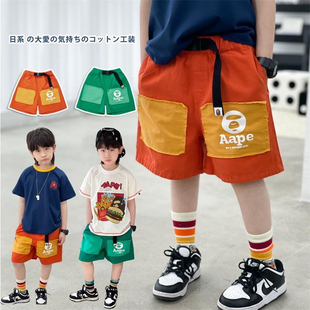 夏季日系潮牌男童运动短裤2024中大童撞色猿猴印花休闲梭织五分裤