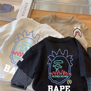 日系潮牌童装男童假两件T恤长袖春秋新款鲨鱼猿猴打底衫宝宝上衣