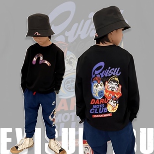 日系海鸥福神男童卫衣春秋新款2023中小童潮牌圆领套头打底衫上衣