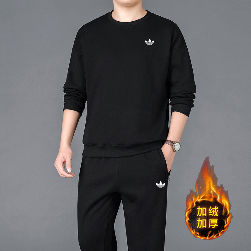 奥特莱斯运动休闲套装男秋冬中年纯棉加绒加厚卫衣卫裤两件套大码