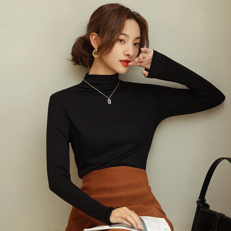 半高领莫代尔棉打底衫女秋冬内搭长袖中领黑白色上衣2026秋季新款