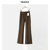 女垂坠有型咖色休闲裤 品牌爆款 春秋修腿显瘦松紧腰绒面高弹喇叭裤