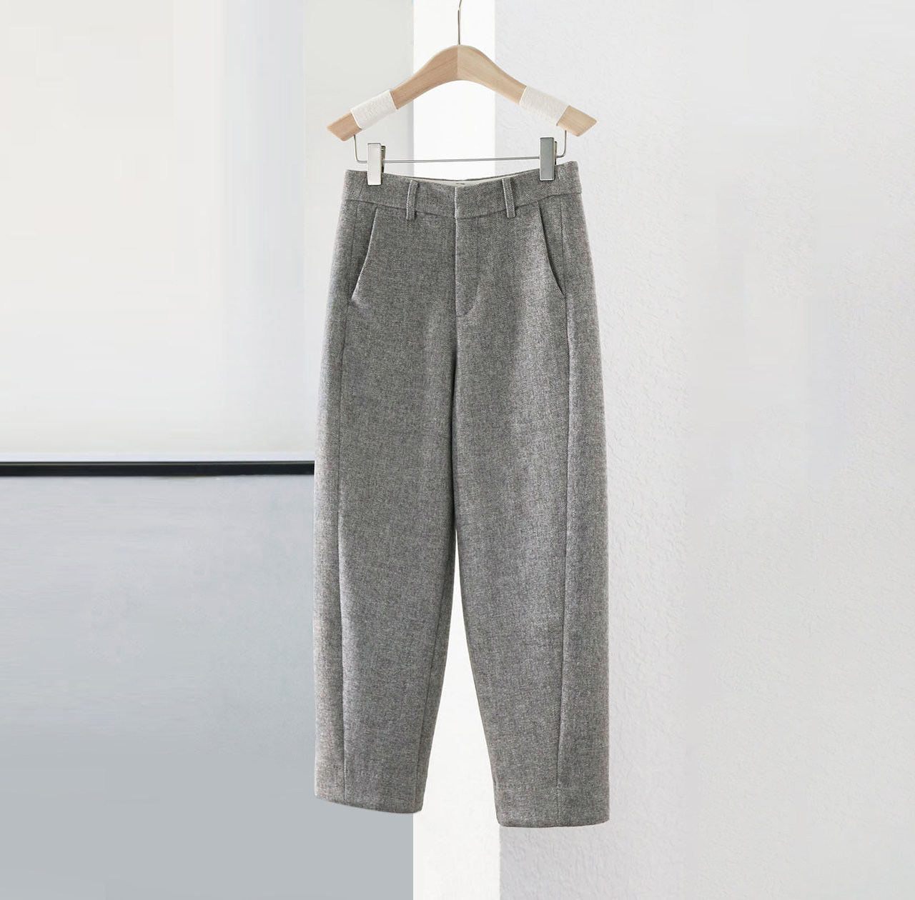 品牌正品秋冬新款亲肤毛呢双面萝卜裤女灰色文艺知性插袋百搭女裤