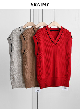 品牌chao值少量~美丽奴羊毛山羊绒背心女V领冬季加厚毛衣无袖红色