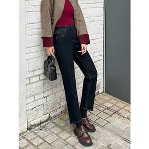 牛筋高弹力冬季加绒加厚法棍牛仔裤女靴裤蓝黑色显瘦高腰九分裤