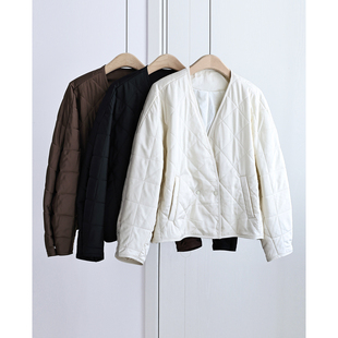 超值推荐绵羊毛绗棉格子棉服外套女白咖色黑色V领小个子保暖棉衣