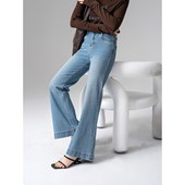 女柔顺显瘦蓝色休闲小个喇叭长裤 高腰微喇牛仔裤 必入款 时髦银闪